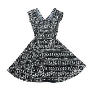 Women’s Q Black Cream Tribal Print Fit & Flare Dress Cotton Spandex Y2K